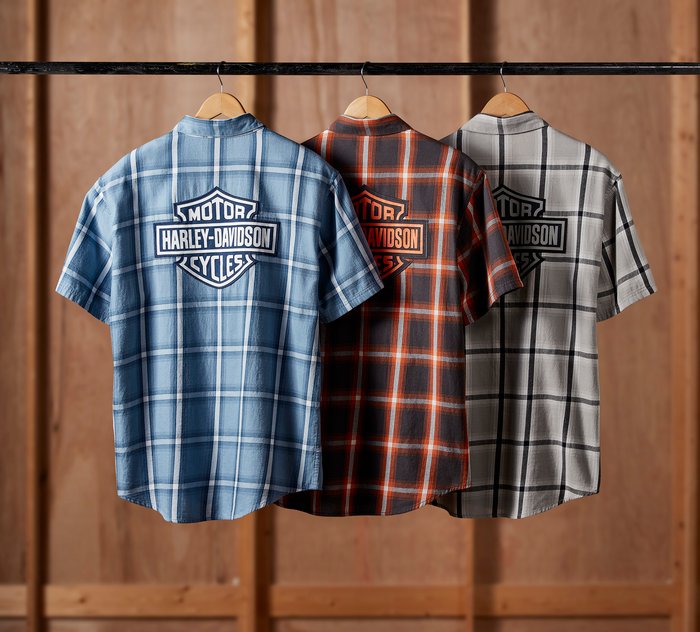 Harley-Davidson Men's Bar & Shield Staple Short Sleeve Shirt - Plaid - Asphalt & Harley Orange