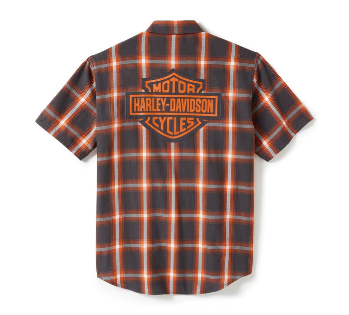 Harley-Davidson Men's Bar & Shield Staple Short Sleeve Shirt - Plaid - Asphalt & Harley Orange
