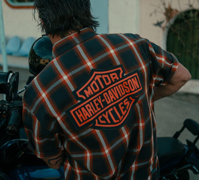 Harley-Davidson Men's Bar & Shield Staple Short Sleeve Shirt - Plaid - Asphalt & Harley Orange
