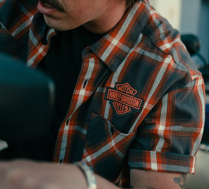 Harley-Davidson Men's Bar & Shield Staple Short Sleeve Shirt - Plaid - Asphalt & Harley Orange