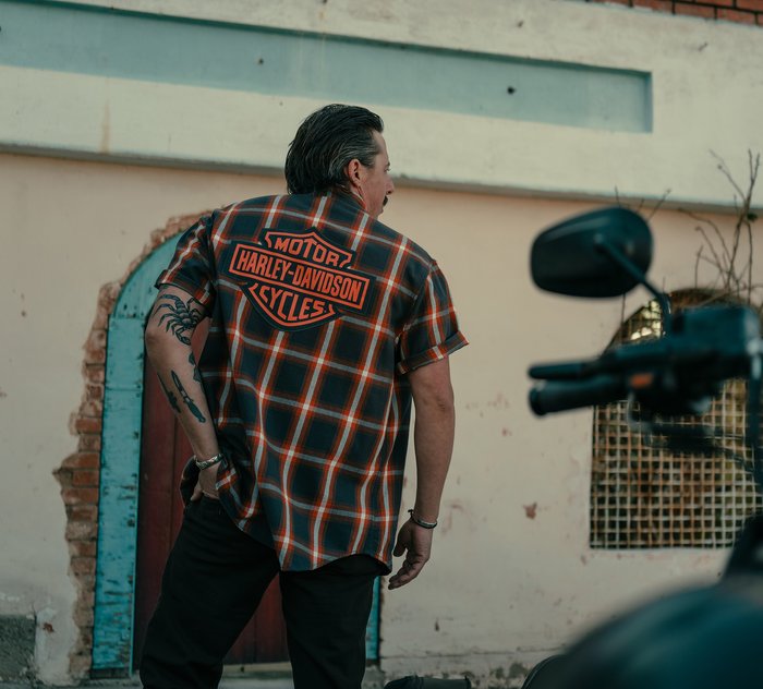 Harley-Davidson Men's Bar & Shield Staple Short Sleeve Shirt - Plaid - Asphalt & Harley Orange