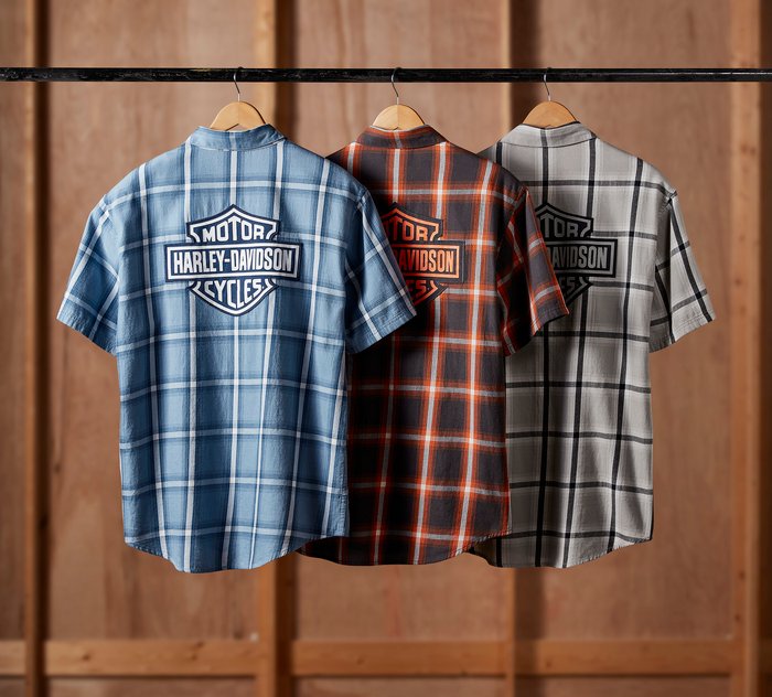 Harley-Davidson Men's Bar & Shield Staple Short Sleeve Shirt - Plaid - Ghost Gray & Asphalt