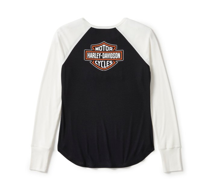 Harley-Davidson Women's Essential Arched Font Long Sleeve Raglan - Colorblock - Harley Black & Cloud Dancer