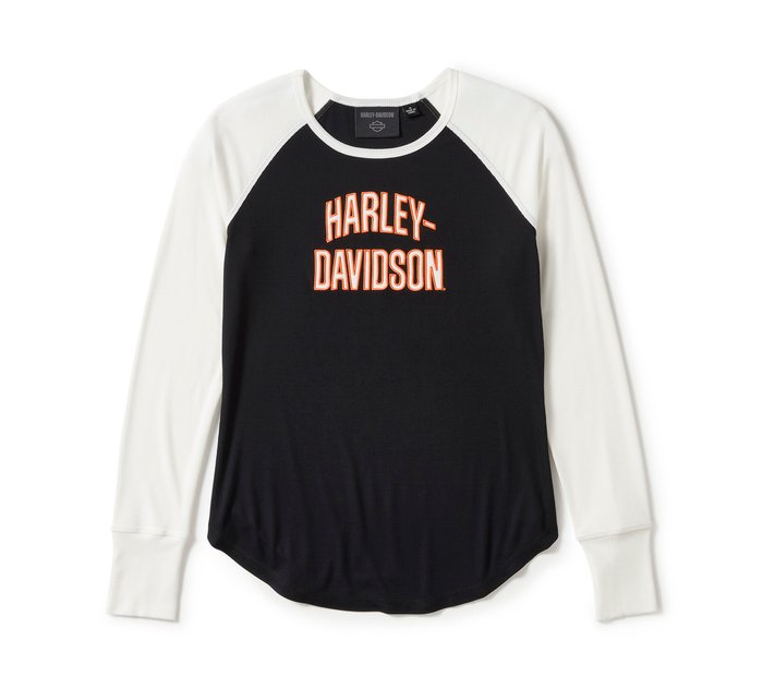 Harley-Davidson Women's Essential Arched Font Long Sleeve Raglan - Colorblock - Harley Black & Cloud Dancer