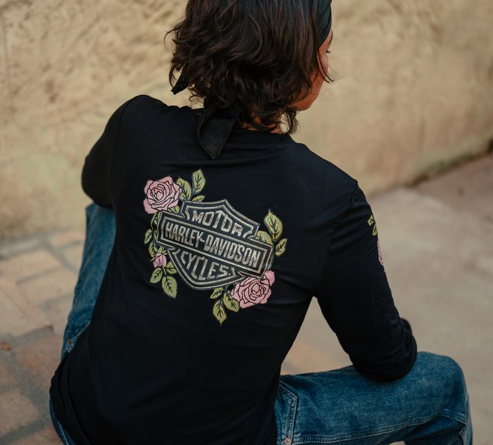 Harley-Davidson Women's Rose & Thorn Bling Long Sleeve Top - Harley Black
