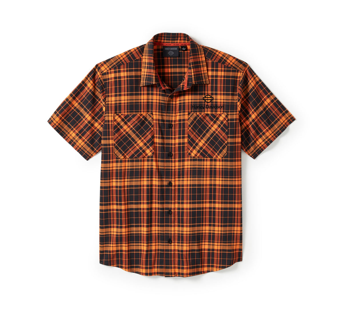 Harley-Davidson Men's H-D® TECH Coolmax® Plaid Short Sleeve Shirt - Plaid - Harley Black & Harley Orange
