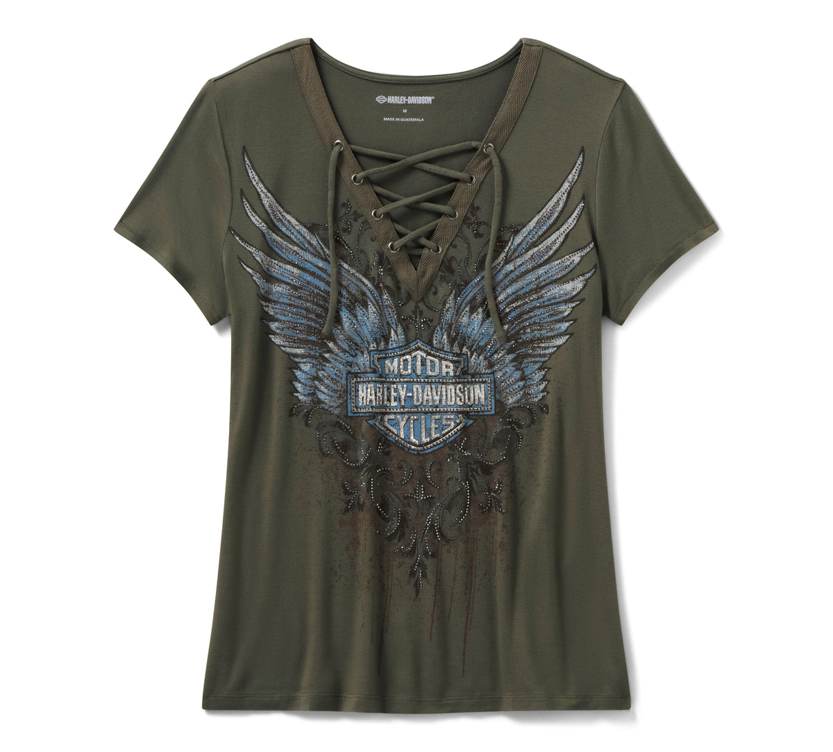 Harley-Davidson Women's Bling Dark Angel Short Sleeve Laced Front Tee - Grape Leaf