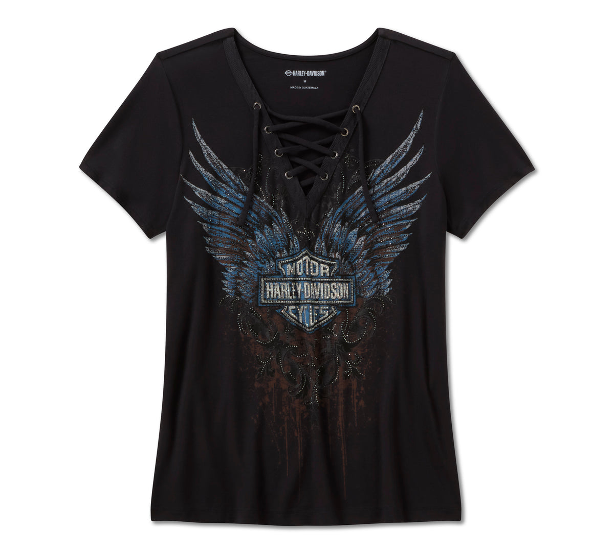 Harley-Davidson Women's Bling Dark Angel Short Sleeve Laced Front Tee - Harley Black