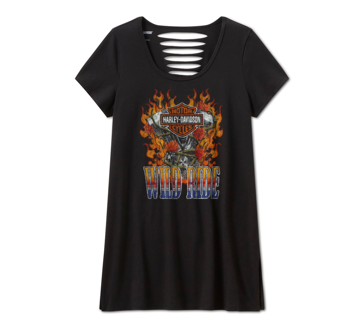 Harley-Davidson Women's Bling Wild Ride Short Sleeve Rip & Repair Tunic - Harley Black