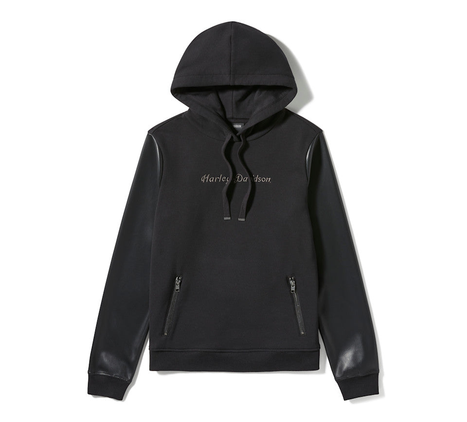 Women's Faux Leather Sleeve Pullover Hoodie - Harley Black