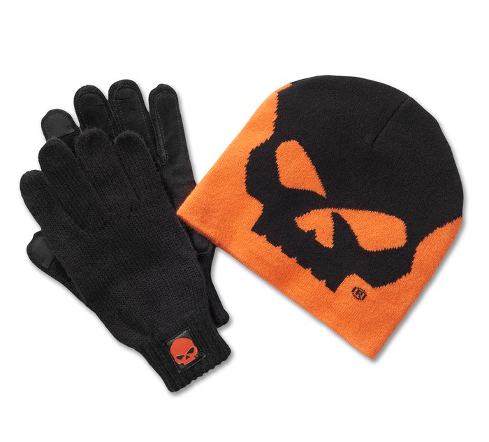 Willie G Skull Beanie and Glove Gift Set - Harley Orange