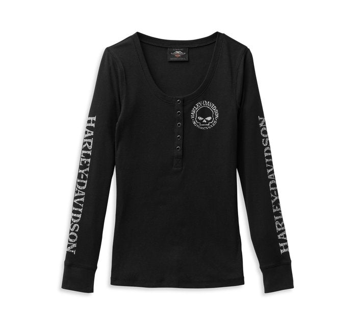 Harley-Davidson Women's Willie G Skull Snap Front Long Sleeve Henley - Black Beauty