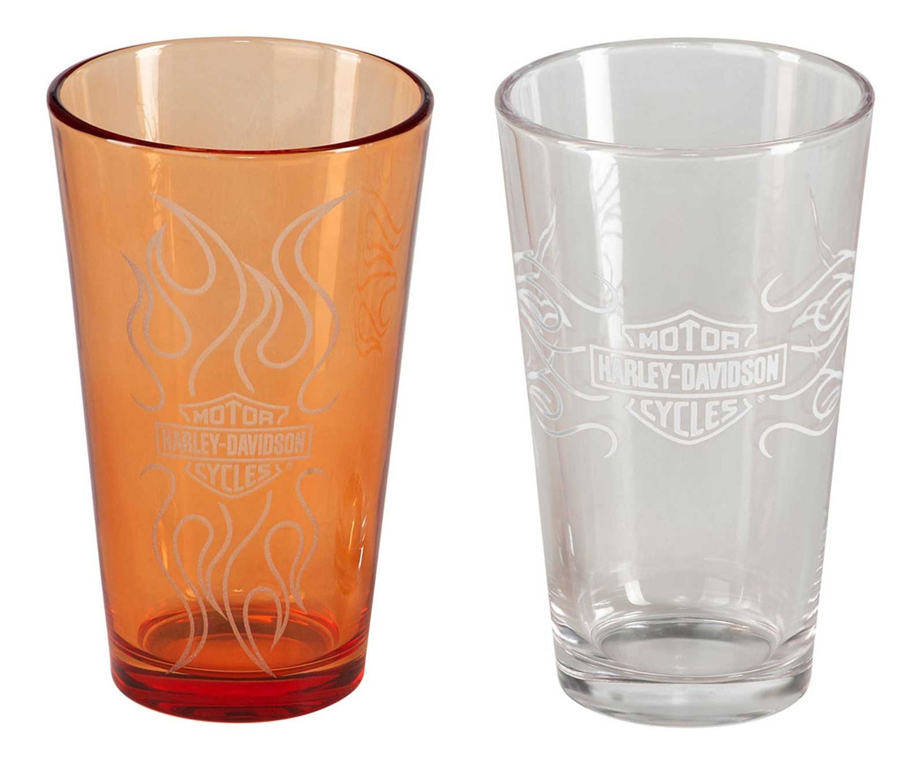 Harley-Davidson Bar & Shield Flames Pint Glass Set – 16 oz. Orange & Clear