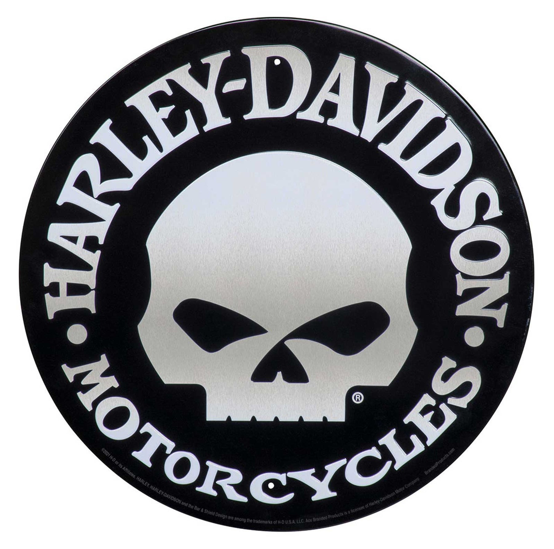 Harley-Davidson Round Tin Sign, Brushed Silver Willie G Skull Logo - 12 inches