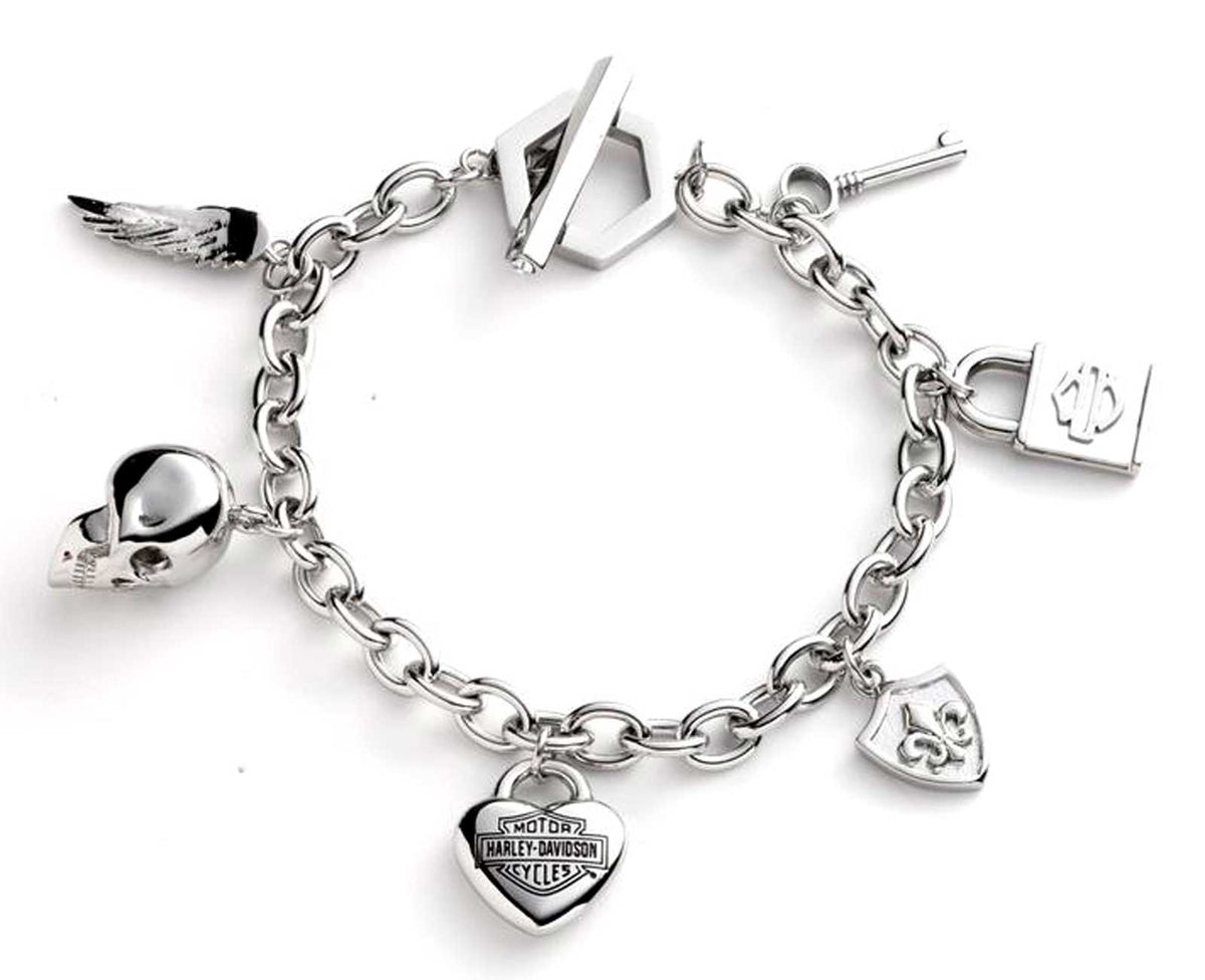 Harley-Davidson® Women's 7.5 in. Logo & Motif Charm Toggle Bracelet - Silver