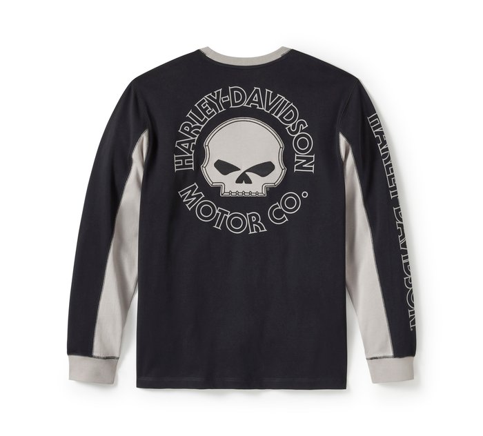 Harley-Davidson Men's Willie G Skull Colorblock Long Sleeve Tee - Colorblock - Harley Black & Ghost Grey