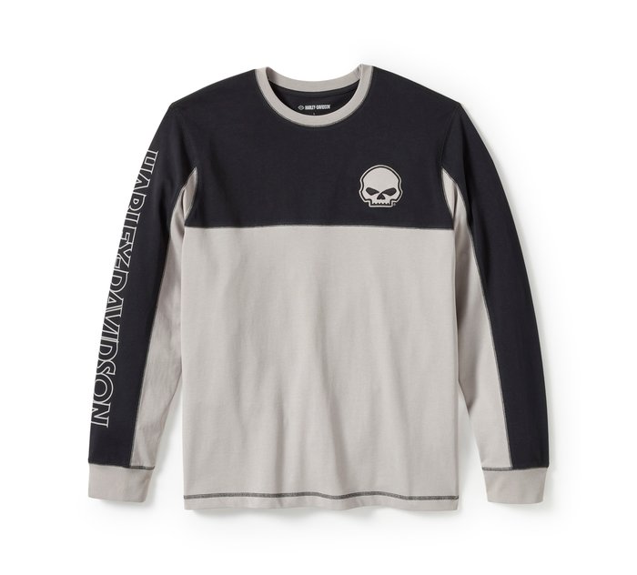 Harley-Davidson Men's Willie G Skull Colorblock Long Sleeve Tee - Colorblock - Harley Black & Ghost Grey