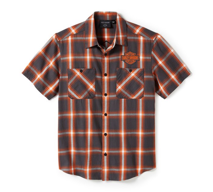 Harley-Davidson Men's Bar & Shield Staple Short Sleeve Shirt - Plaid - Asphalt & Harley Orange