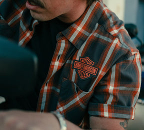 Harley-Davidson Men's Bar & Shield Staple Short Sleeve Shirt - Plaid - Asphalt & Harley Orange