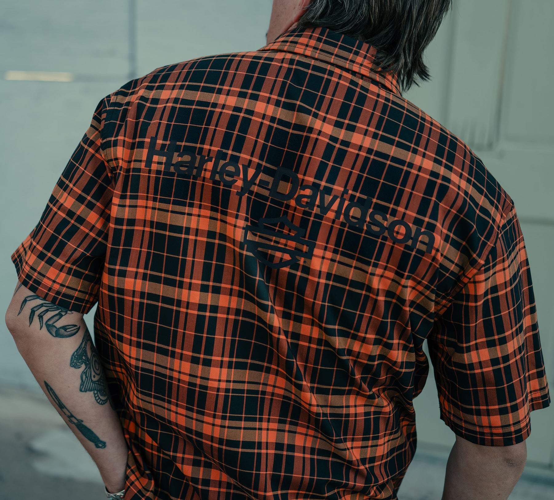 Harley-Davidson Men's H-D® TECH Coolmax® Plaid Short Sleeve Shirt - Plaid - Harley Black & Harley Orange