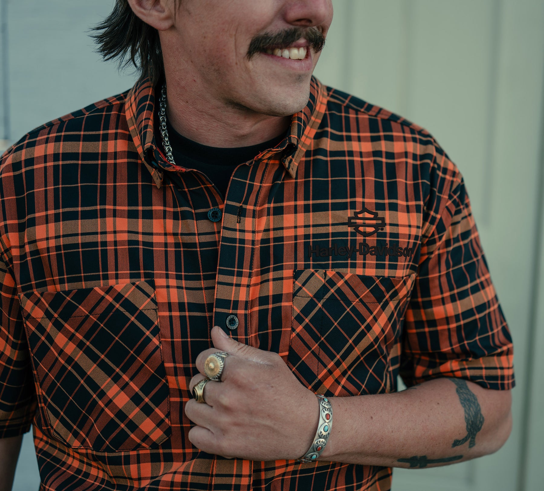 Harley-Davidson Men's H-D® TECH Coolmax® Plaid Short Sleeve Shirt - Plaid - Harley Black & Harley Orange