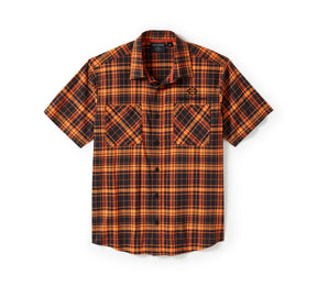 Harley-Davidson Men's H-D® TECH Coolmax® Plaid Short Sleeve Shirt - Plaid - Harley Black & Harley Orange