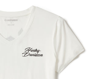 Harley-Davidson Women's Rose & Thorn Bling V Neck Tee - Cloud Dancer