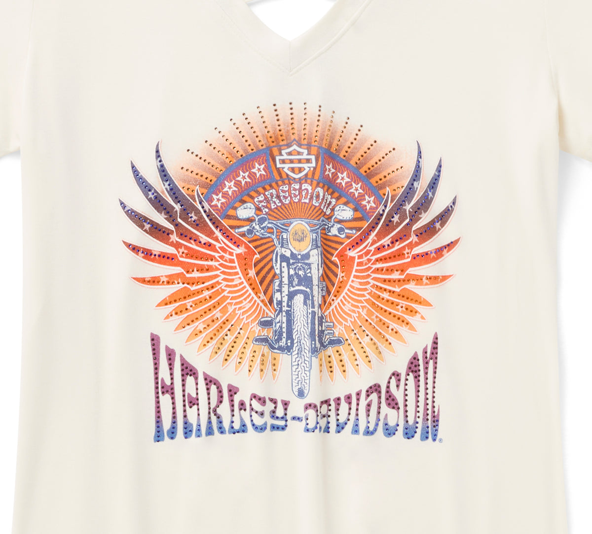 Harley-Davidson Women's Bling Sunset Ride Short Sleeve Laced Back Tee - Cloud Dancer