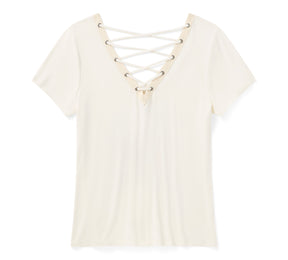 Harley-Davidson Women's Bling Sunset Ride Short Sleeve Laced Back Tee - Cloud Dancer
