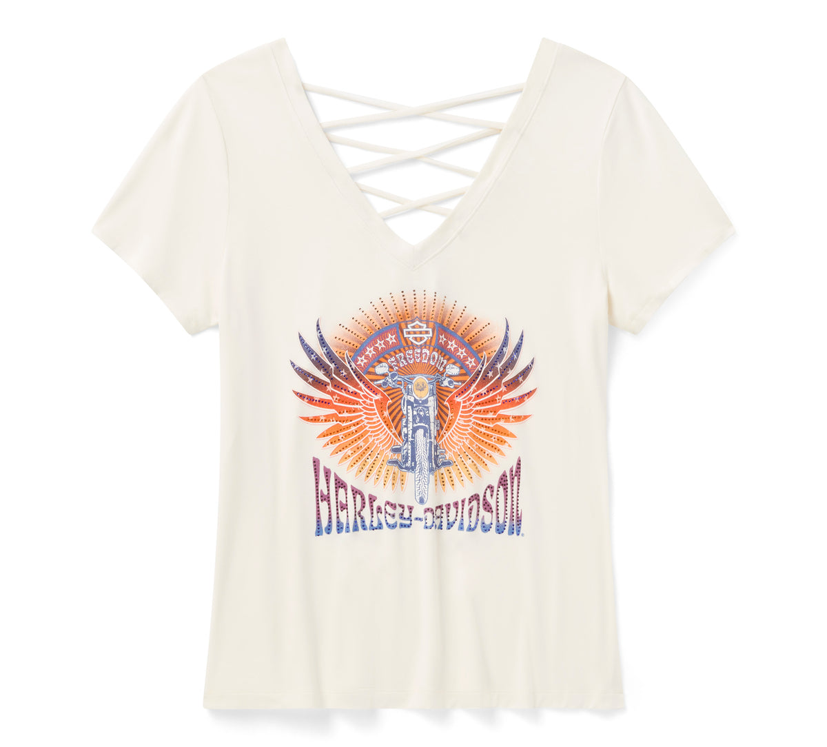 Harley-Davidson Women's Bling Sunset Ride Short Sleeve Laced Back Tee - Cloud Dancer