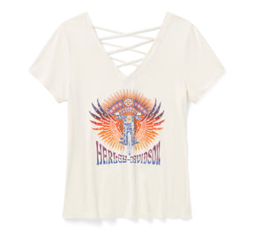 Harley-Davidson Women's Bling Sunset Ride Short Sleeve Laced Back Tee - Cloud Dancer