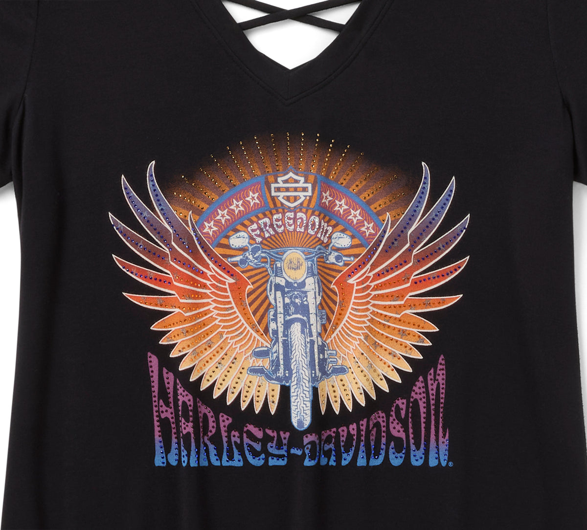 Harley-Davidson Women's Bling Sunset Ride Short Sleeve Laced Back Tee - Harley Black