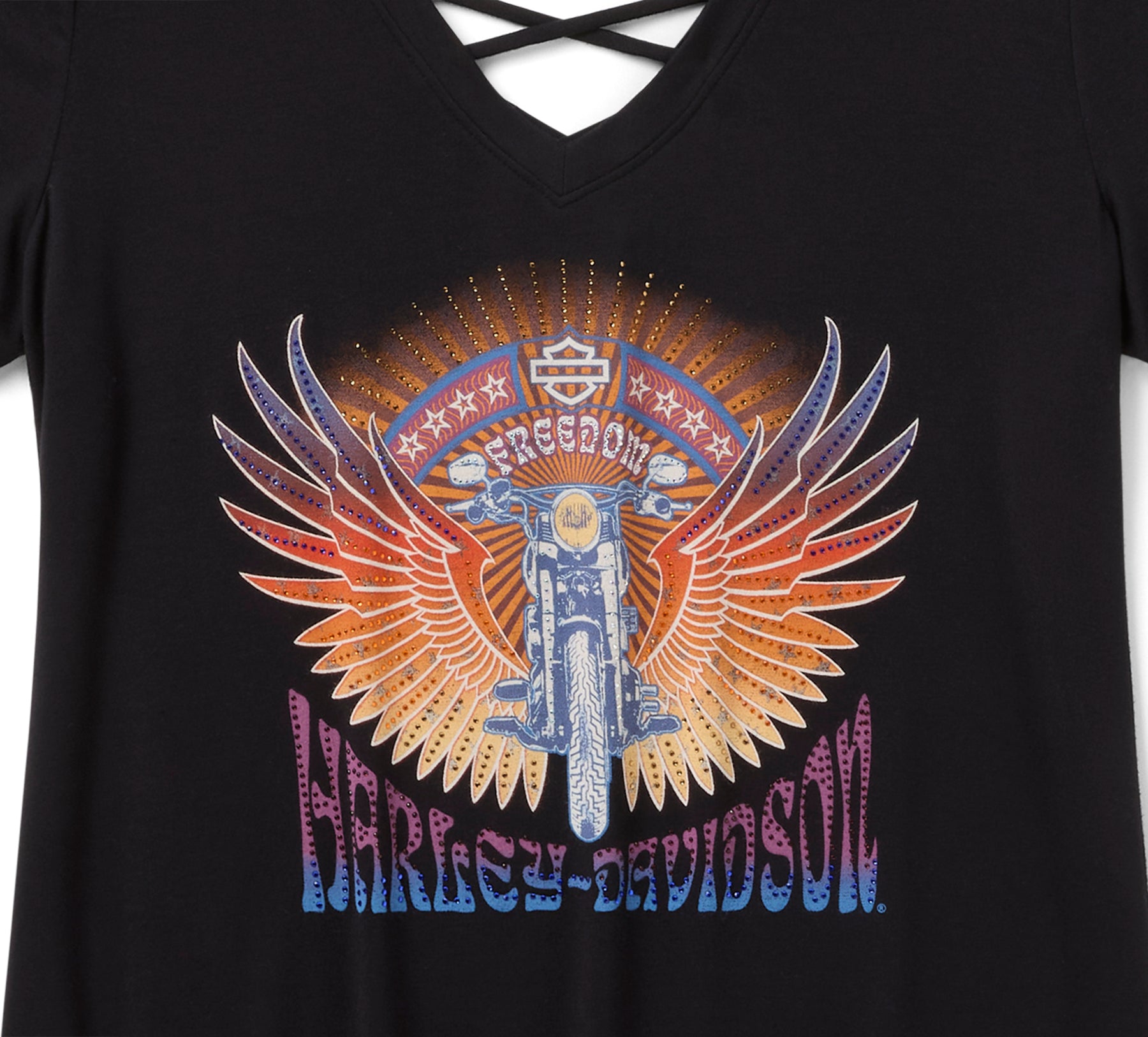 Harley-Davidson Women's Bling Sunset Ride Short Sleeve Laced Back Tee - Harley Black