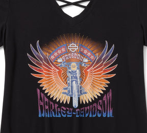 Harley-Davidson Women's Bling Sunset Ride Short Sleeve Laced Back Tee - Harley Black
