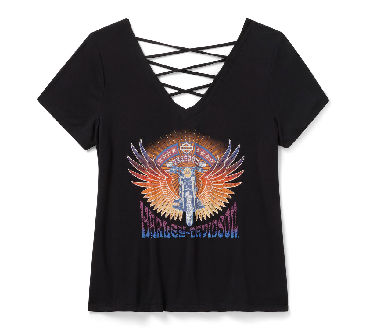 Harley-Davidson Women's Bling Sunset Ride Short Sleeve Laced Back Tee - Harley Black