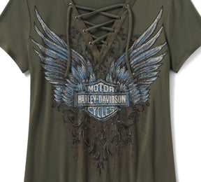 Harley-Davidson Women's Bling Dark Angel Short Sleeve Laced Front Tee - Grape Leaf