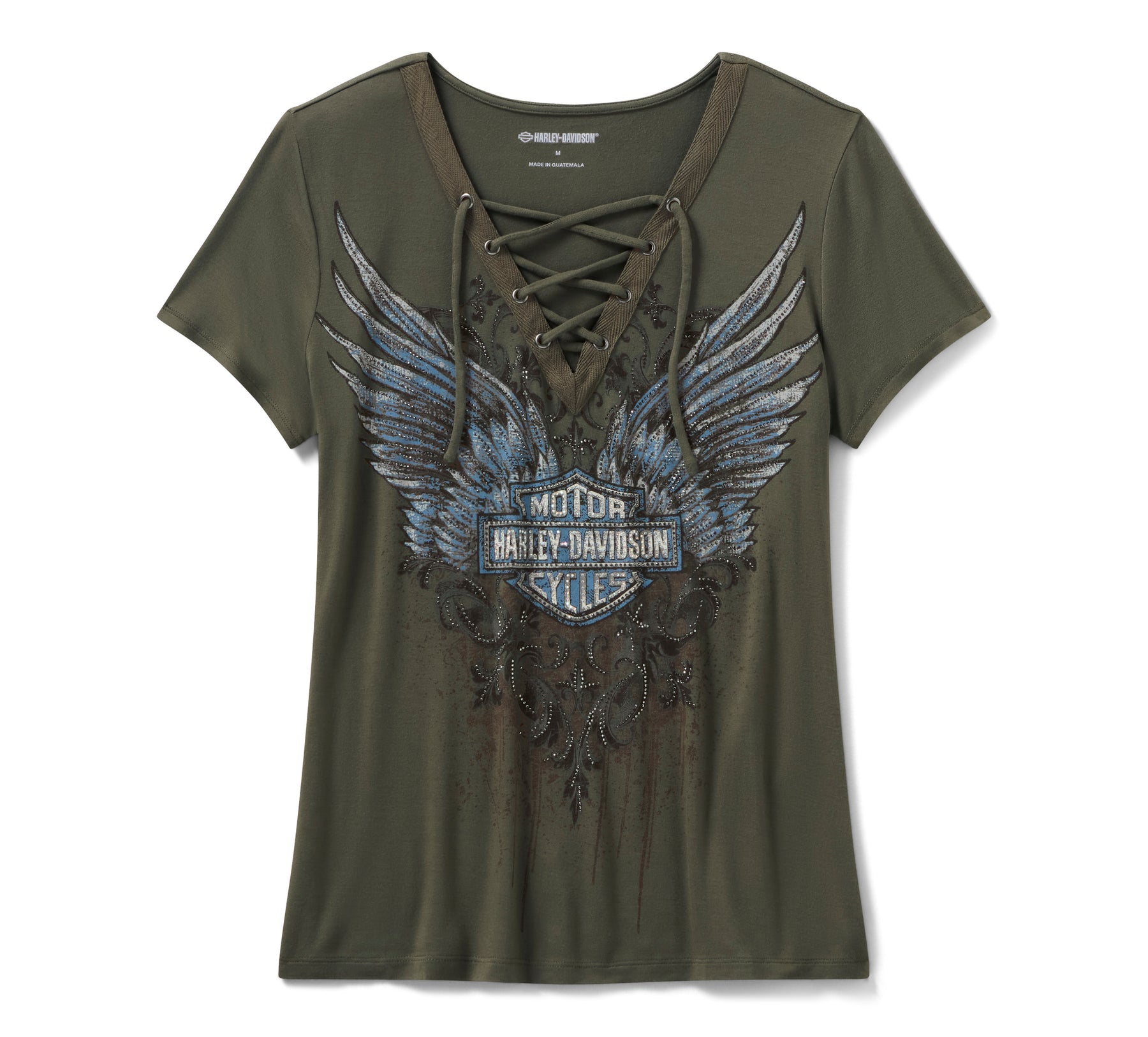 Harley-Davidson Women's Bling Dark Angel Short Sleeve Laced Front Tee - Grape Leaf