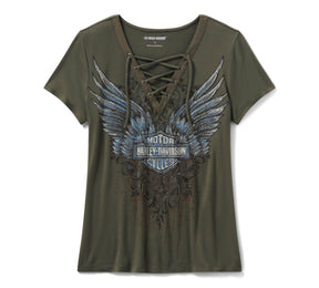 Harley-Davidson Women's Bling Dark Angel Short Sleeve Laced Front Tee - Grape Leaf
