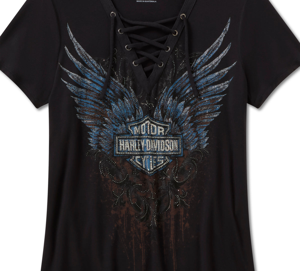 Harley-Davidson Women's Bling Dark Angel Short Sleeve Laced Front Tee - Harley Black