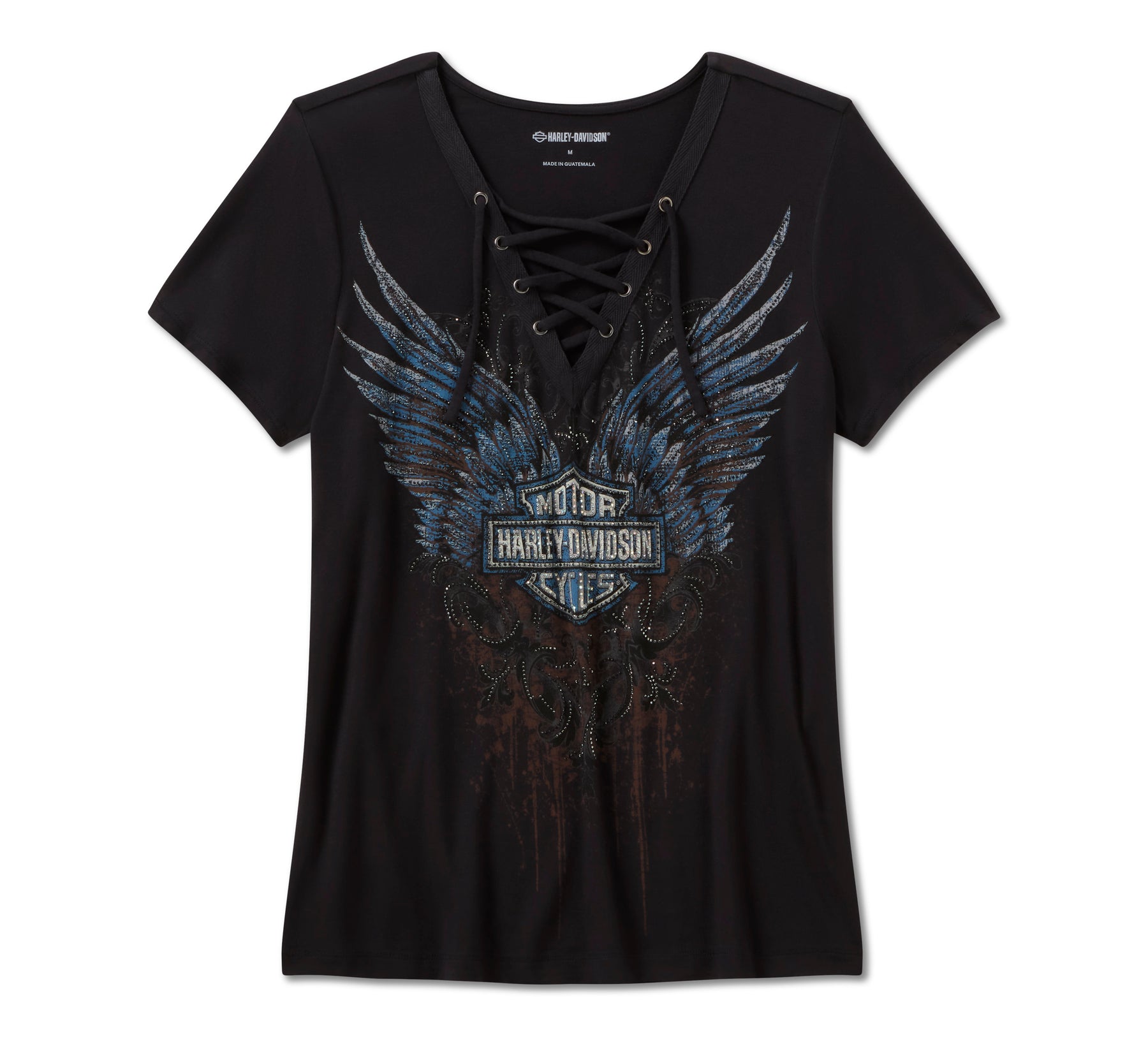 Harley-Davidson Women's Bling Dark Angel Short Sleeve Laced Front Tee - Harley Black