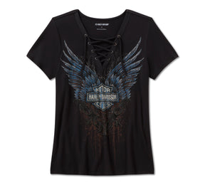 Harley-Davidson Women's Bling Dark Angel Short Sleeve Laced Front Tee - Harley Black