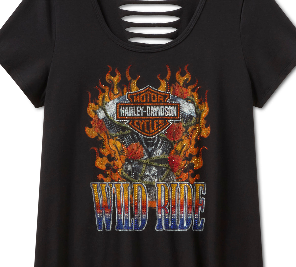 Harley-Davidson Women's Bling Wild Ride Short Sleeve Rip & Repair Tunic - Harley Black