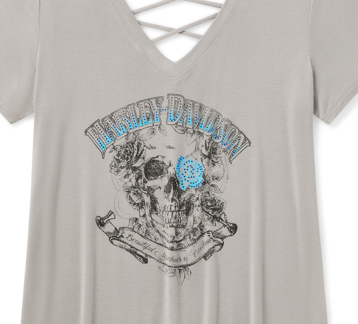 Harley-Davidson Women's Bling H-D® Afterlife Short Sleeve Laced Back Tee - Ghost Grey