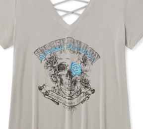 Harley-Davidson Women's Bling H-D® Afterlife Short Sleeve Laced Back Tee - Ghost Grey