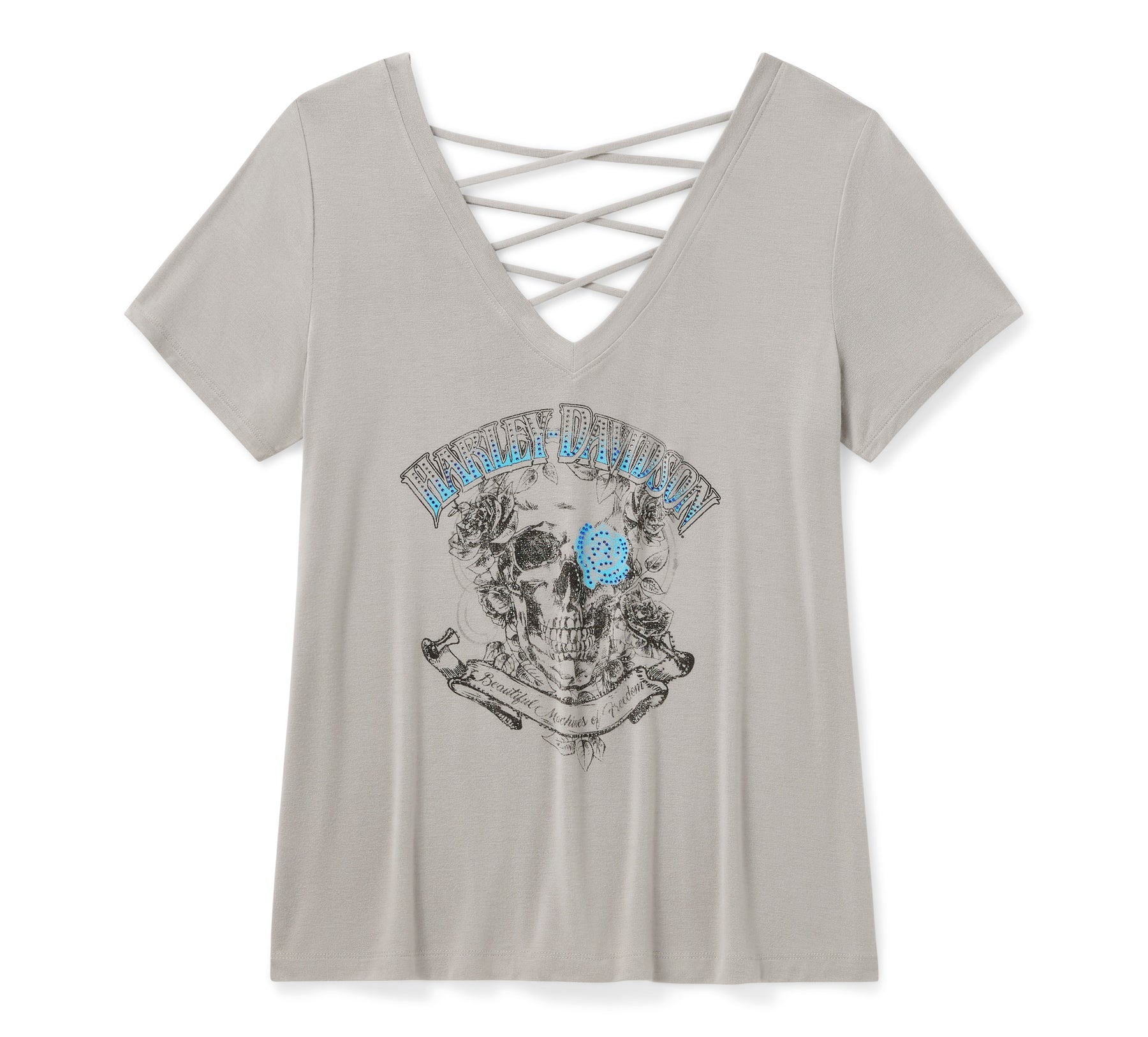 Harley-Davidson Women's Bling H-D® Afterlife Short Sleeve Laced Back Tee - Ghost Grey