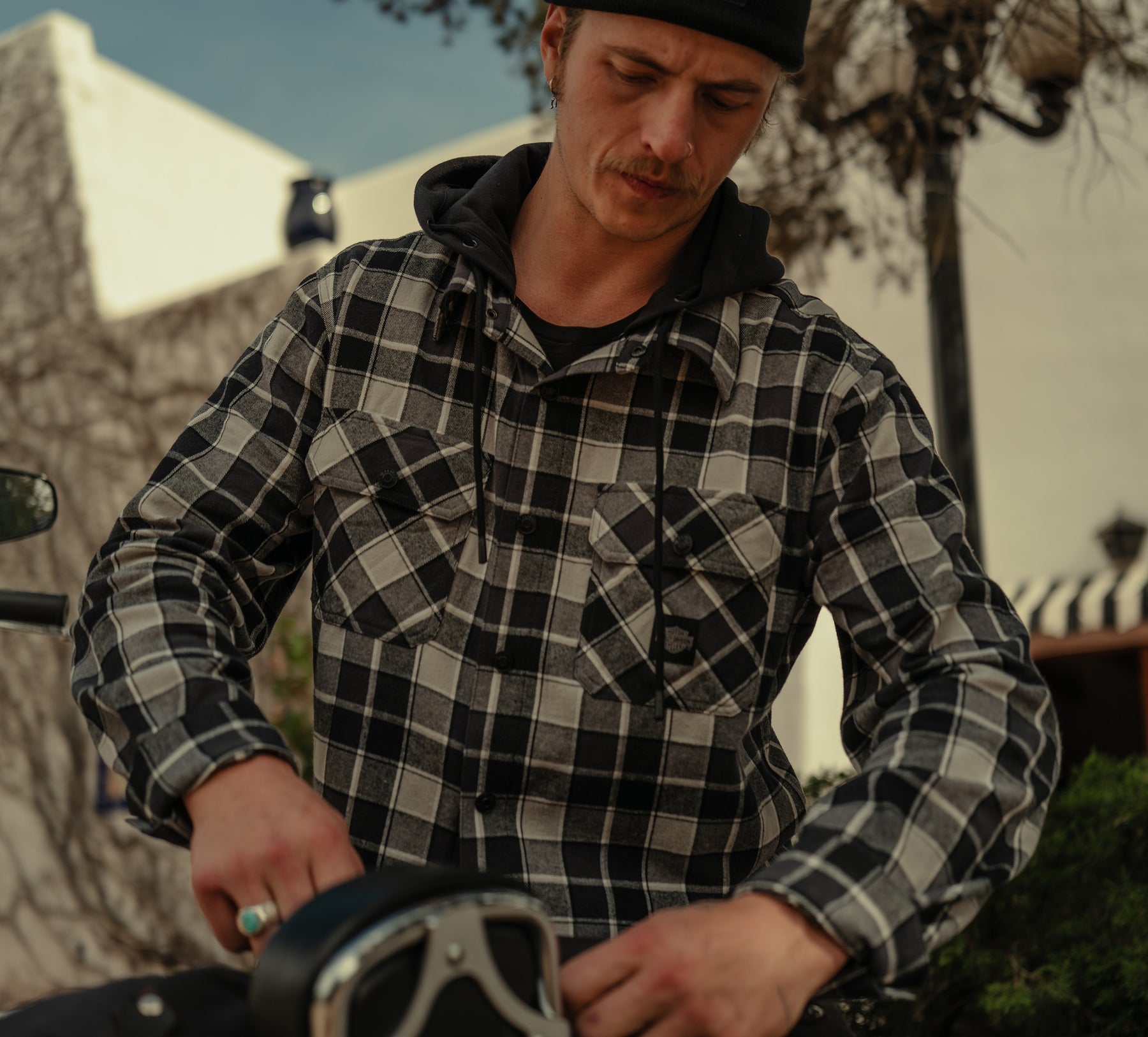 Harley-Davidson Men's Hooded Plaid Long Sleeve Shirt - PLAID - HARLEY BLACK & ASPHALT