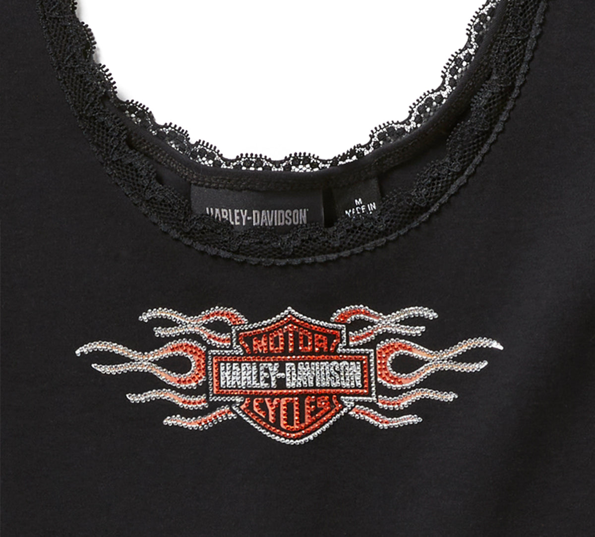 Harley-Davidson Women's Vintage Flames Bling Lace Trim Tank - Harley Black