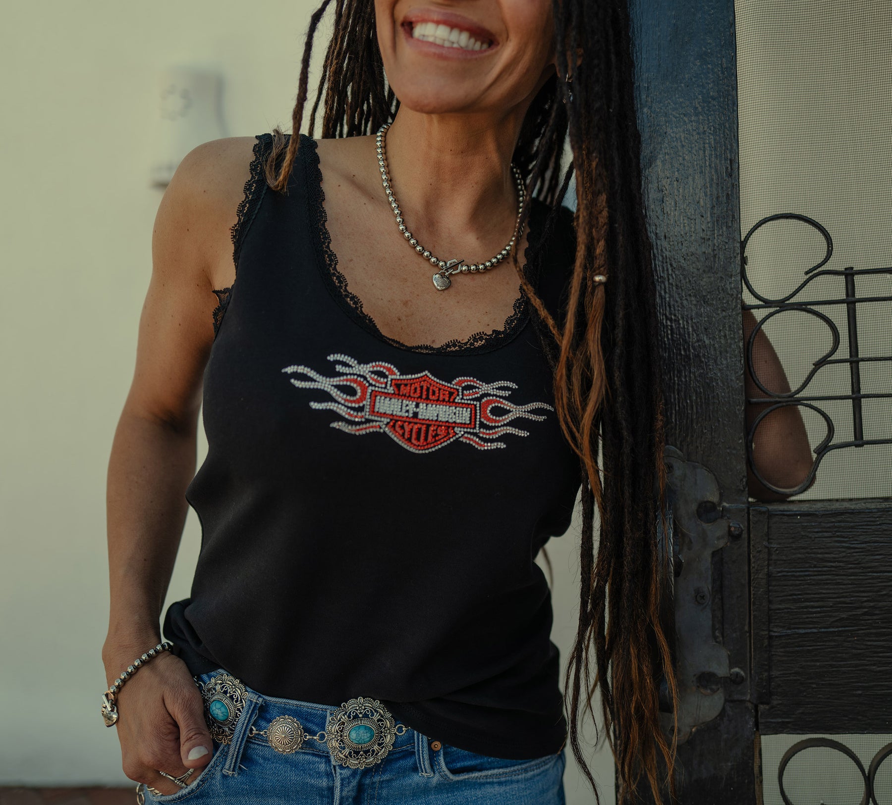 Harley-Davidson Women's Vintage Flames Bling Lace Trim Tank - Harley Black