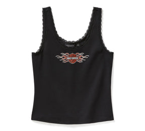 Harley-Davidson Women's Vintage Flames Bling Lace Trim Tank - Harley Black
