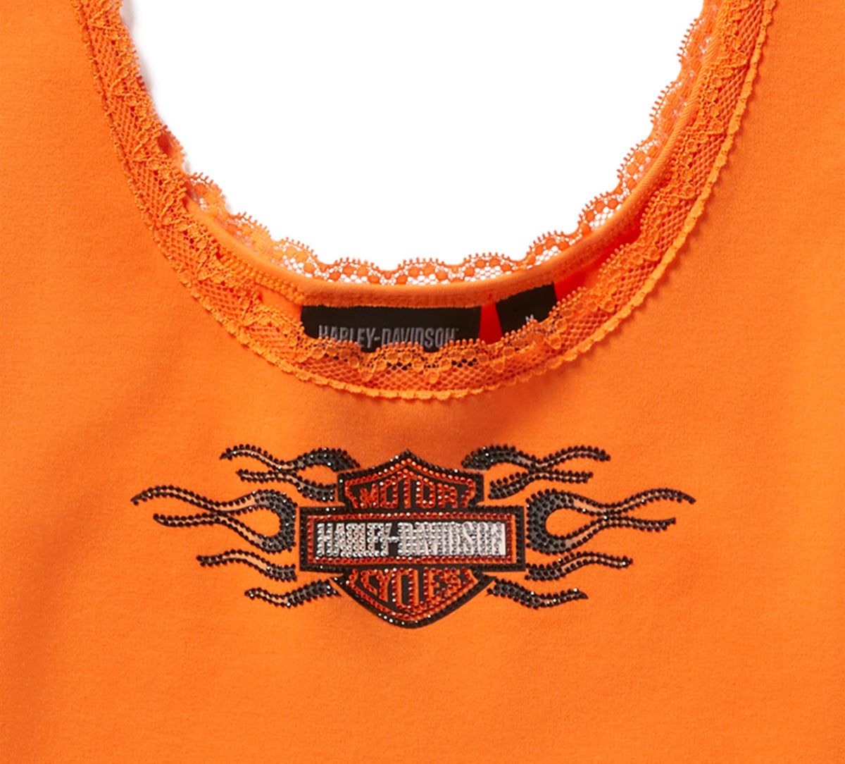 Harley-Davidson Women's Vintage Flames Bling Lace Trim Tank - Harley Orange